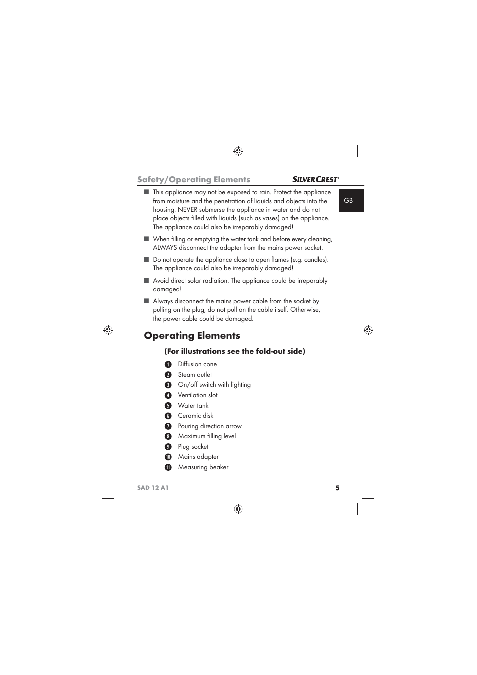 Operating elements, Safety/operating elements | Silvercrest SAD 12 A1 User Manual | Page 7 / 86