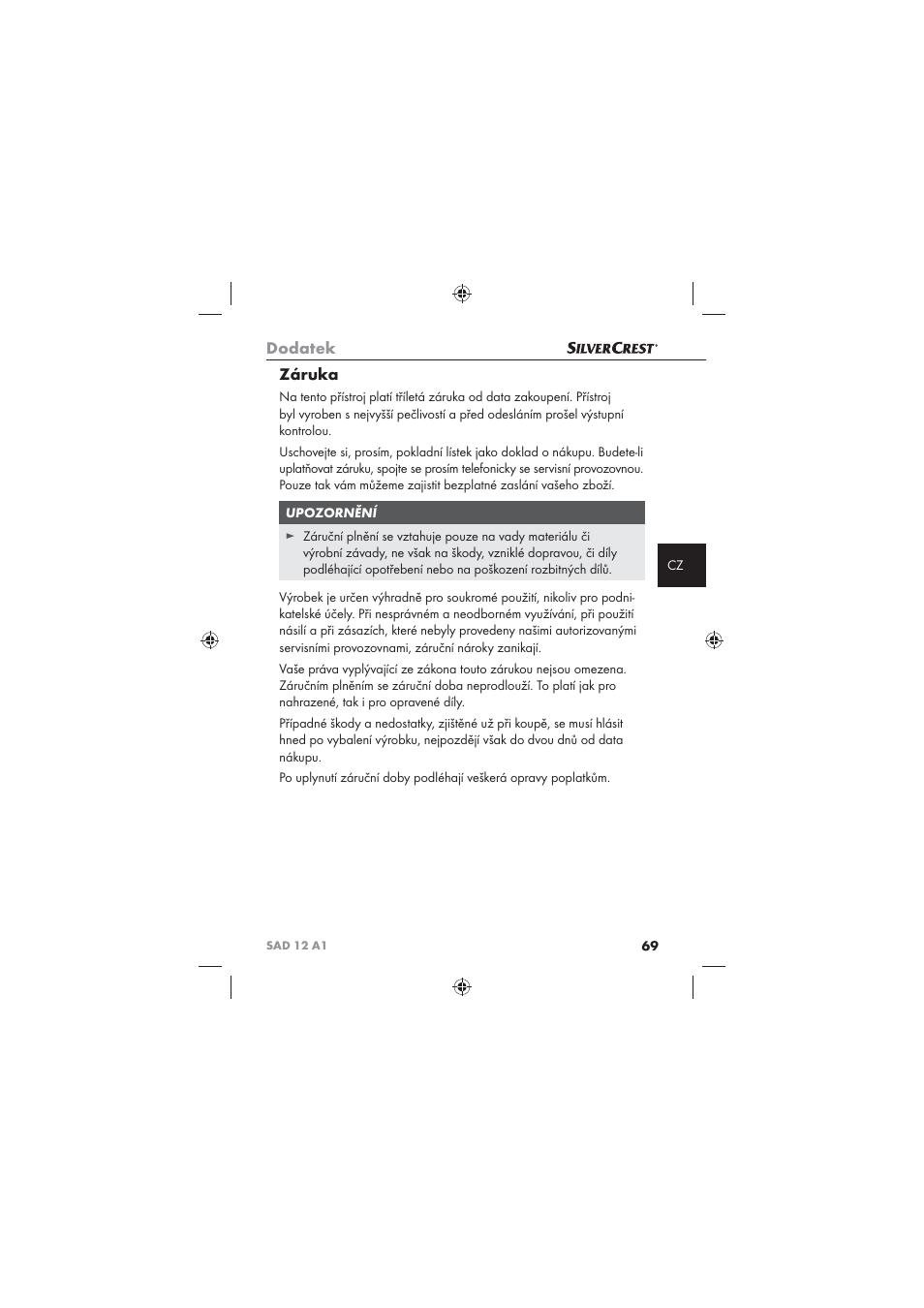 Dodatek, Záruka | Silvercrest SAD 12 A1 User Manual | Page 71 / 86