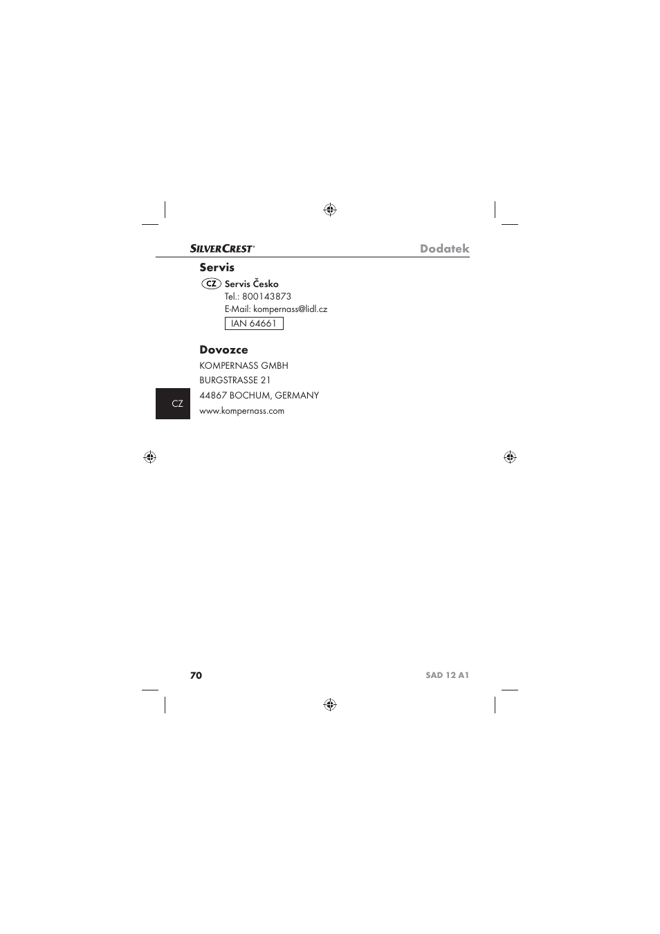 Dodatek, Servis, Dovozce | Silvercrest SAD 12 A1 User Manual | Page 72 / 86