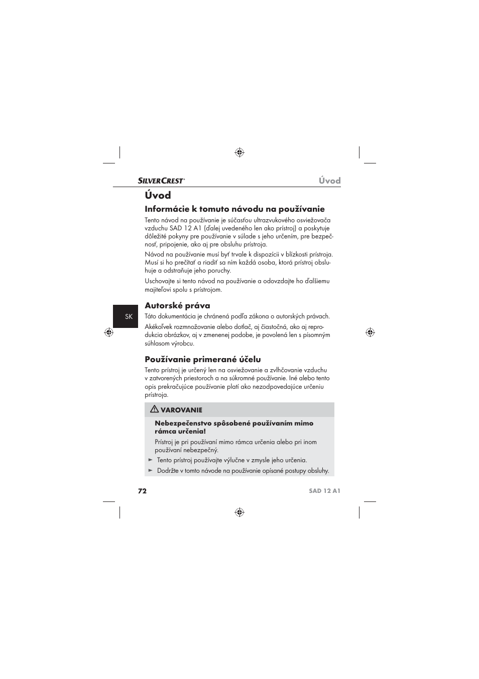 Úvod, Informácie k tomuto návodu na používanie, Autorské práva | Používanie primerané účelu | Silvercrest SAD 12 A1 User Manual | Page 74 / 86