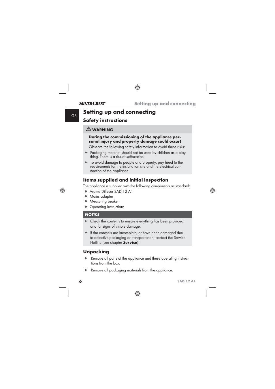 Setting up and connecting, Safety instructions, Items supplied and initial inspection | Unpacking | Silvercrest SAD 12 A1 User Manual | Page 8 / 86