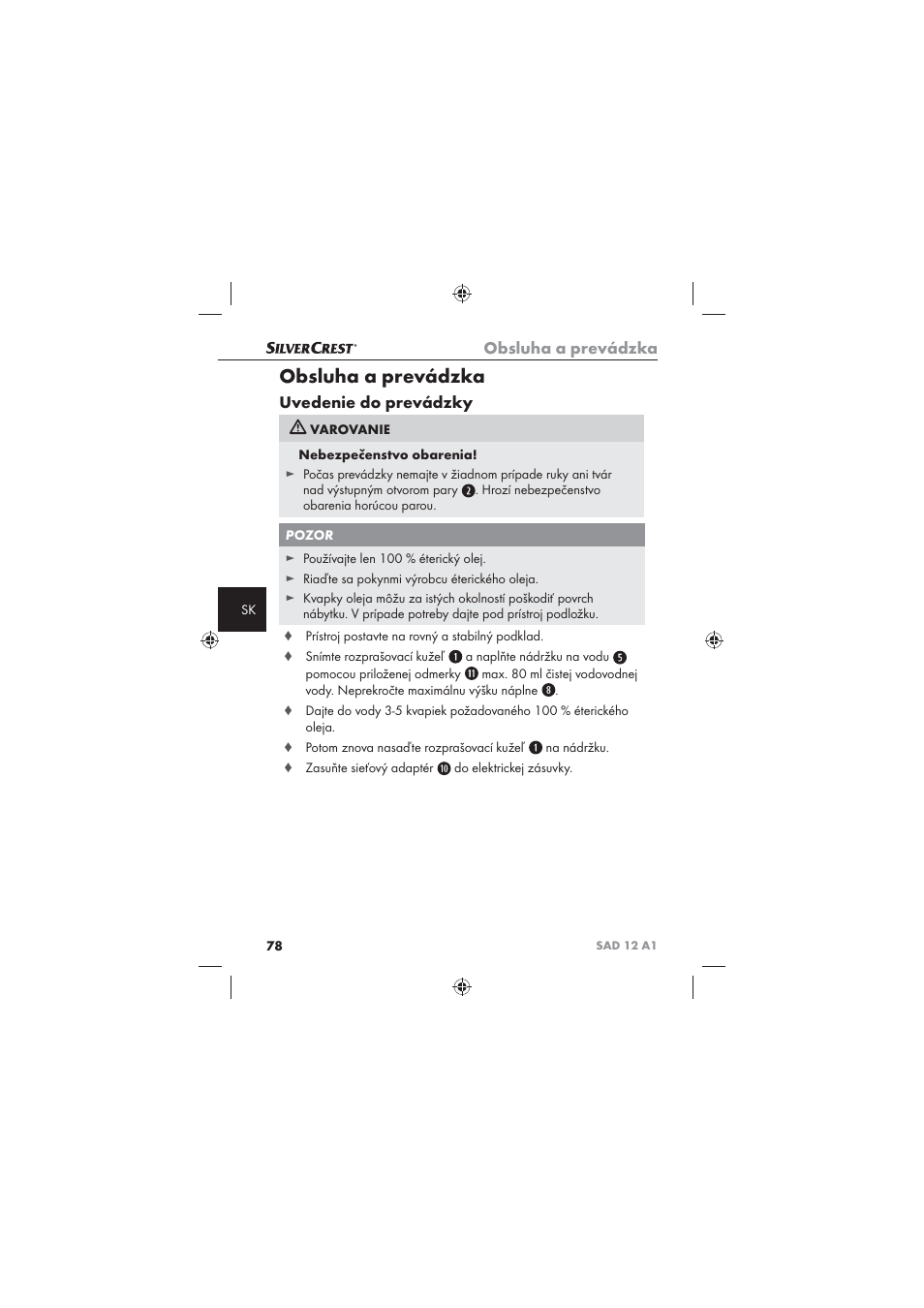 Obsluha a prevádzka, Uvedenie do prevádzky | Silvercrest SAD 12 A1 User Manual | Page 80 / 86