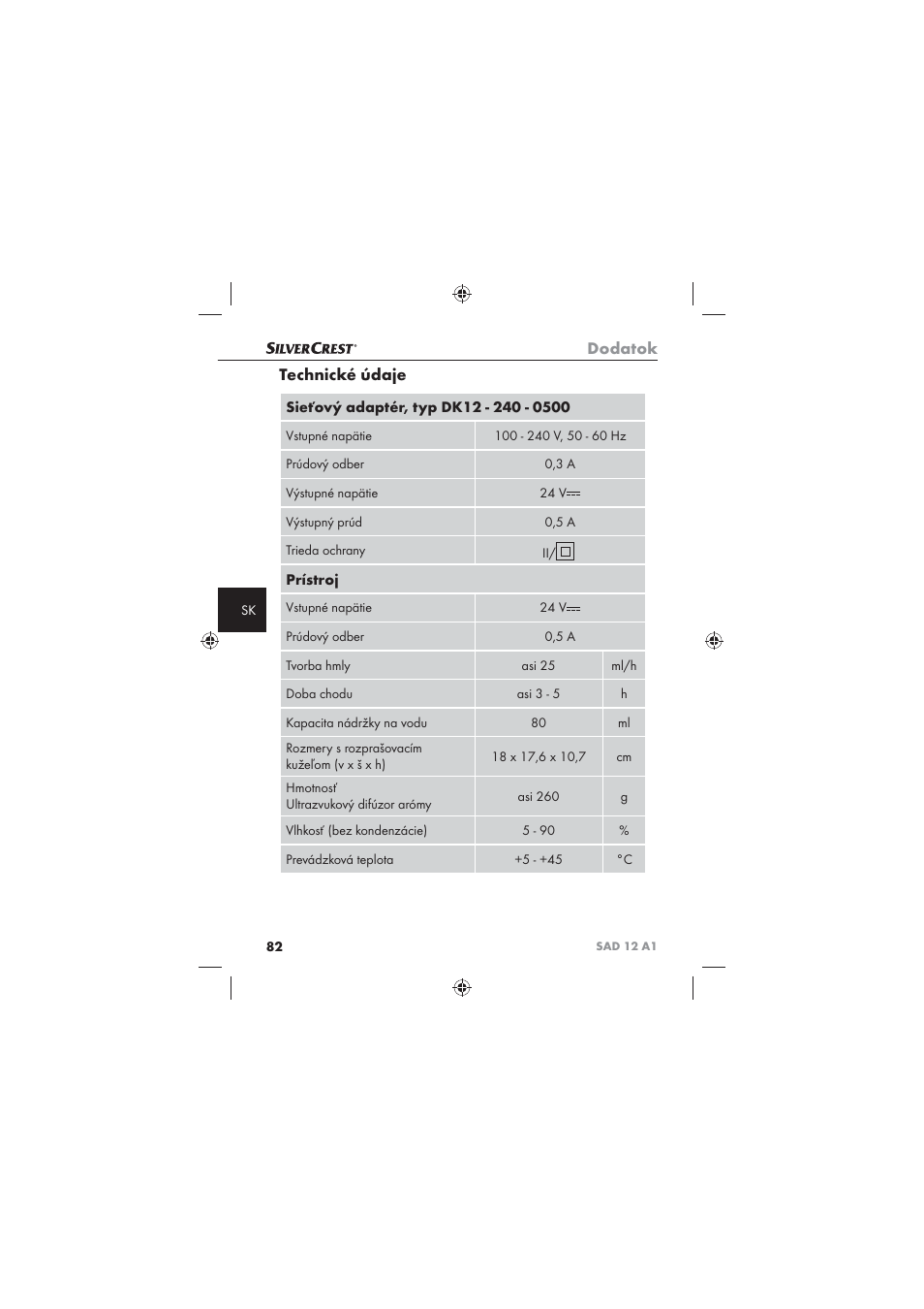 Dodatok, Technické údaje | Silvercrest SAD 12 A1 User Manual | Page 84 / 86