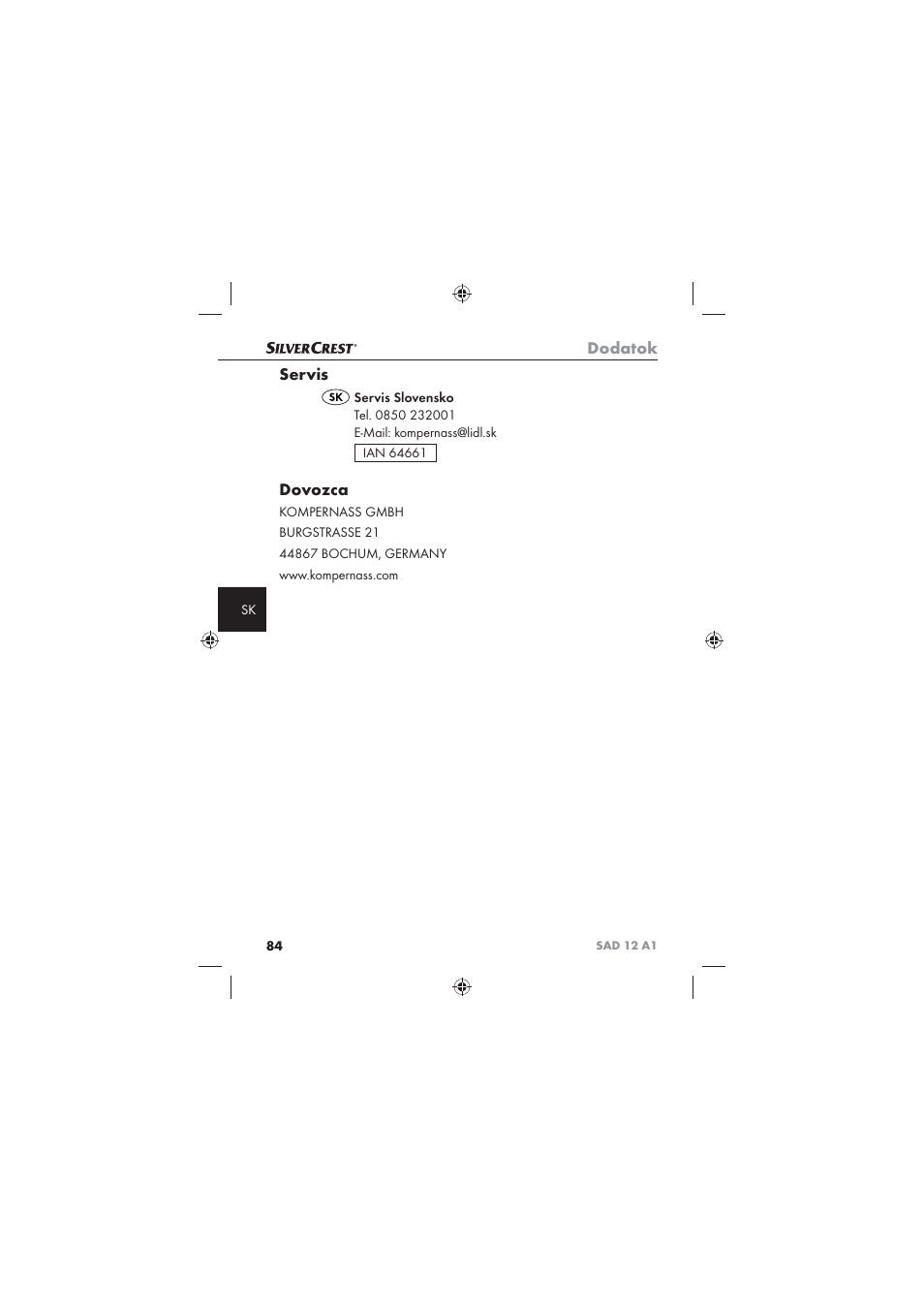 Dodatok, Servis, Dovozca | Silvercrest SAD 12 A1 User Manual | Page 86 / 86