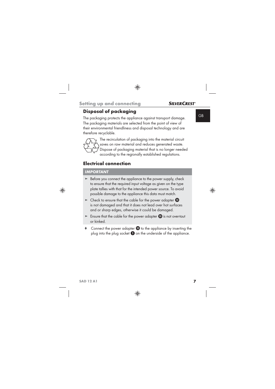 Setting up and connecting, Disposal of packaging, Electrical connection | Silvercrest SAD 12 A1 User Manual | Page 9 / 86