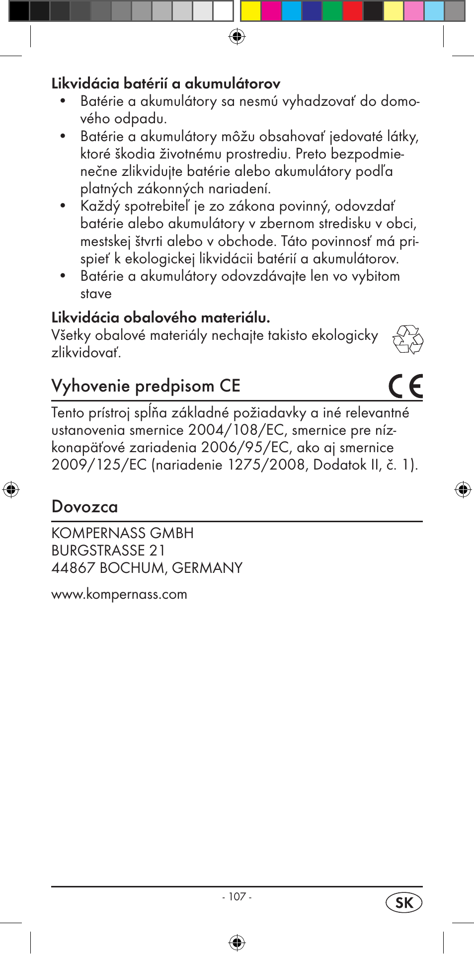 Vyhovenie predpisom ce, Dovozca | Silvercrest KH 2299 User Manual | Page 109 / 146