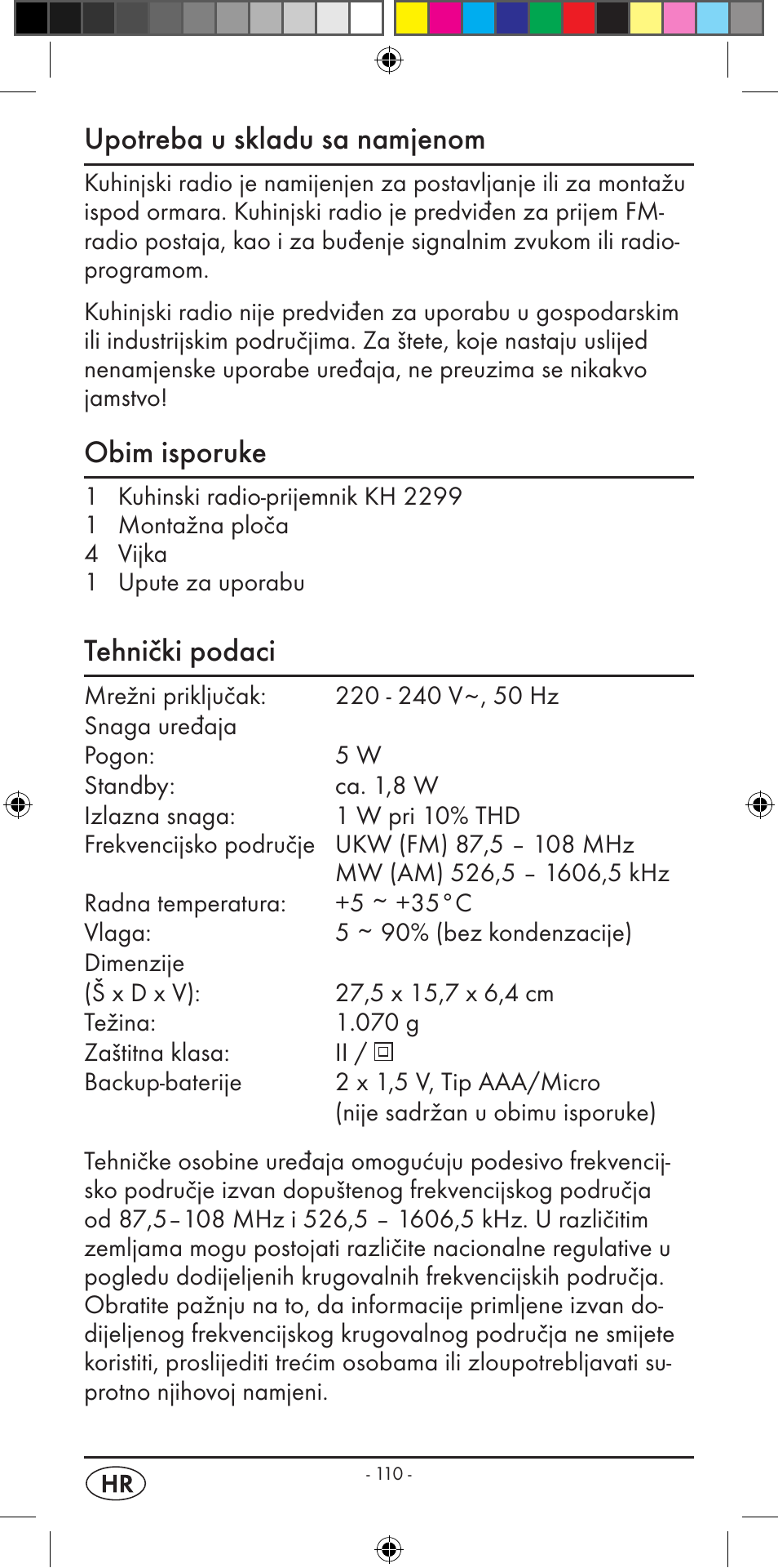 Upotreba u skladu sa namjenom, Obim isporuke, Tehnički podaci | Silvercrest KH 2299 User Manual | Page 112 / 146