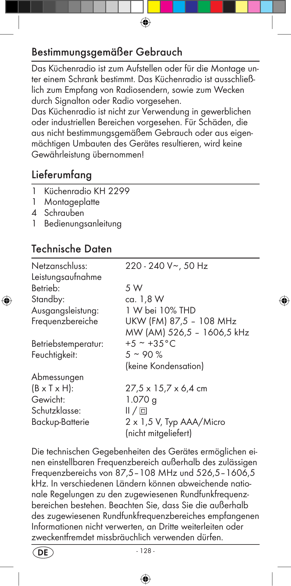 Bestimmungsgemäßer gebrauch, Lieferumfang, Technische daten | Silvercrest KH 2299 User Manual | Page 130 / 146