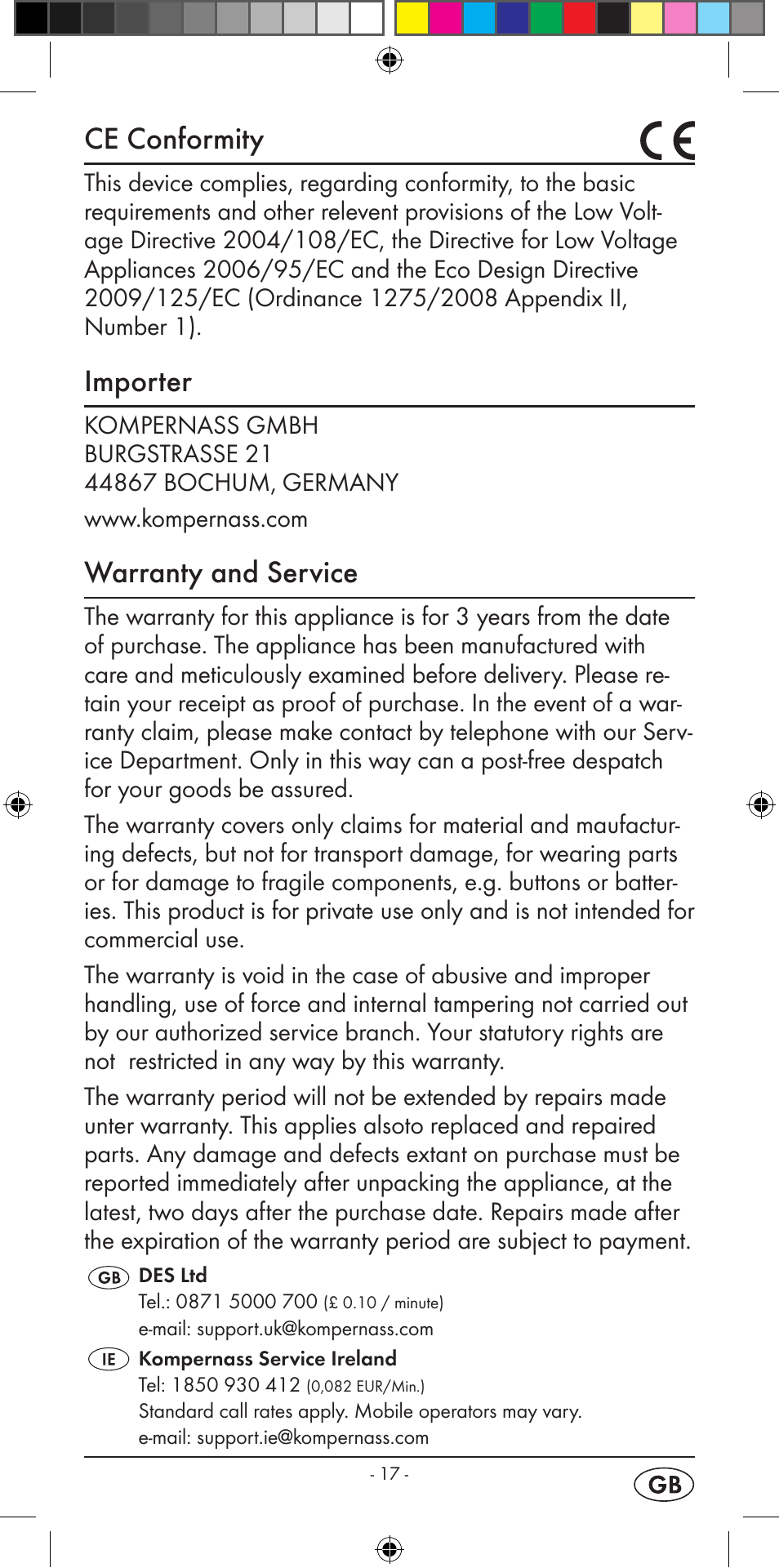 Ce conformity, Importer, Warranty and service | Silvercrest KH 2299 User Manual | Page 19 / 146