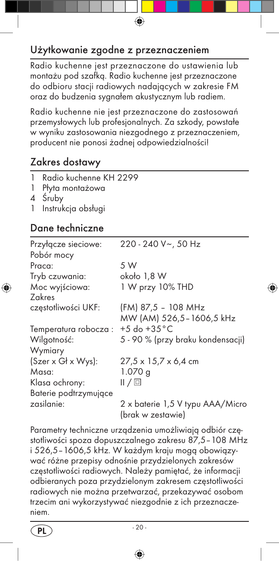 Użytkowanie zgodne z przeznaczeniem, Zakres dostawy, Dane techniczne | Silvercrest KH 2299 User Manual | Page 22 / 146