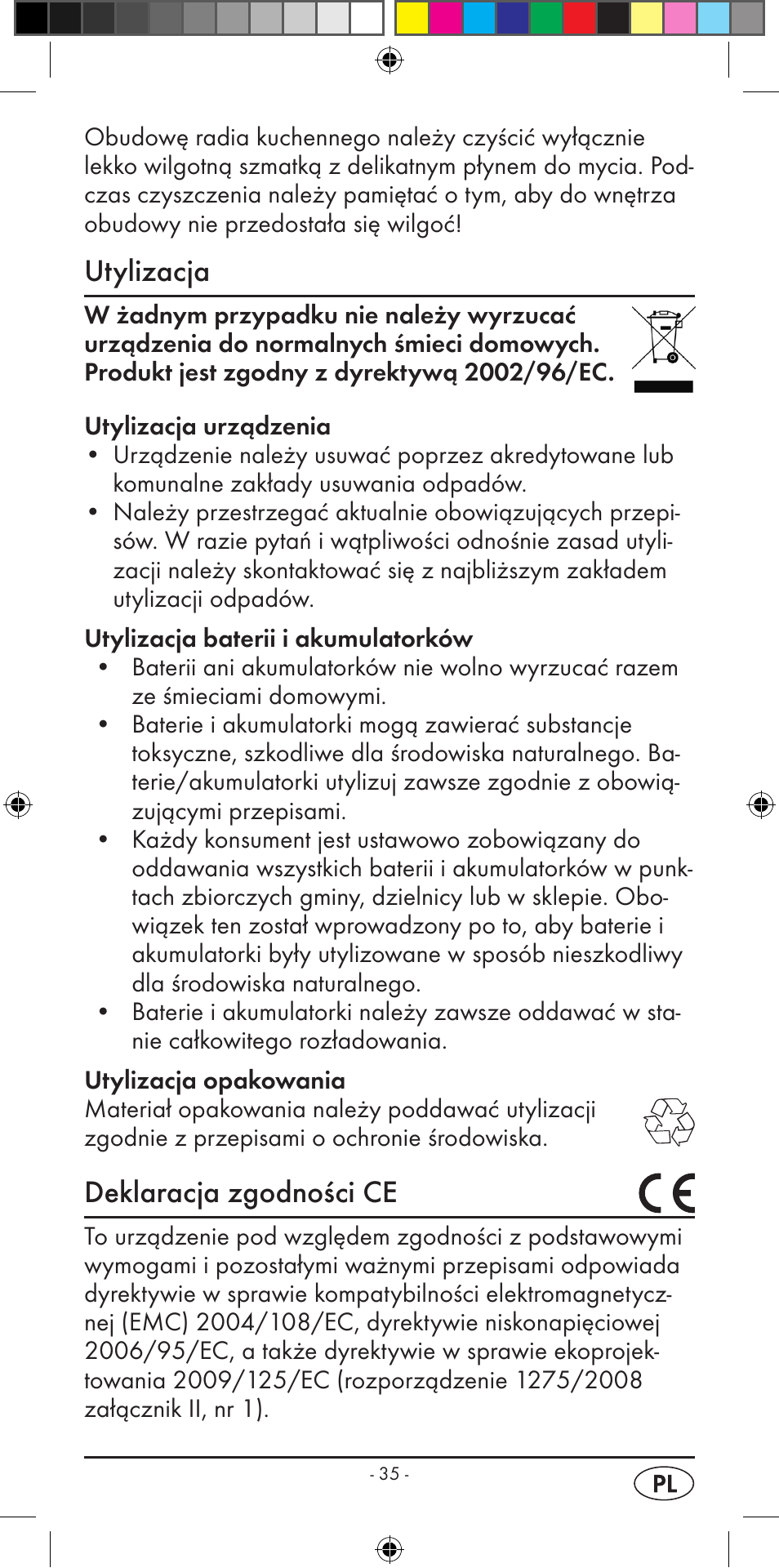 Utylizacja, Deklaracja zgodności ce | Silvercrest KH 2299 User Manual | Page 37 / 146