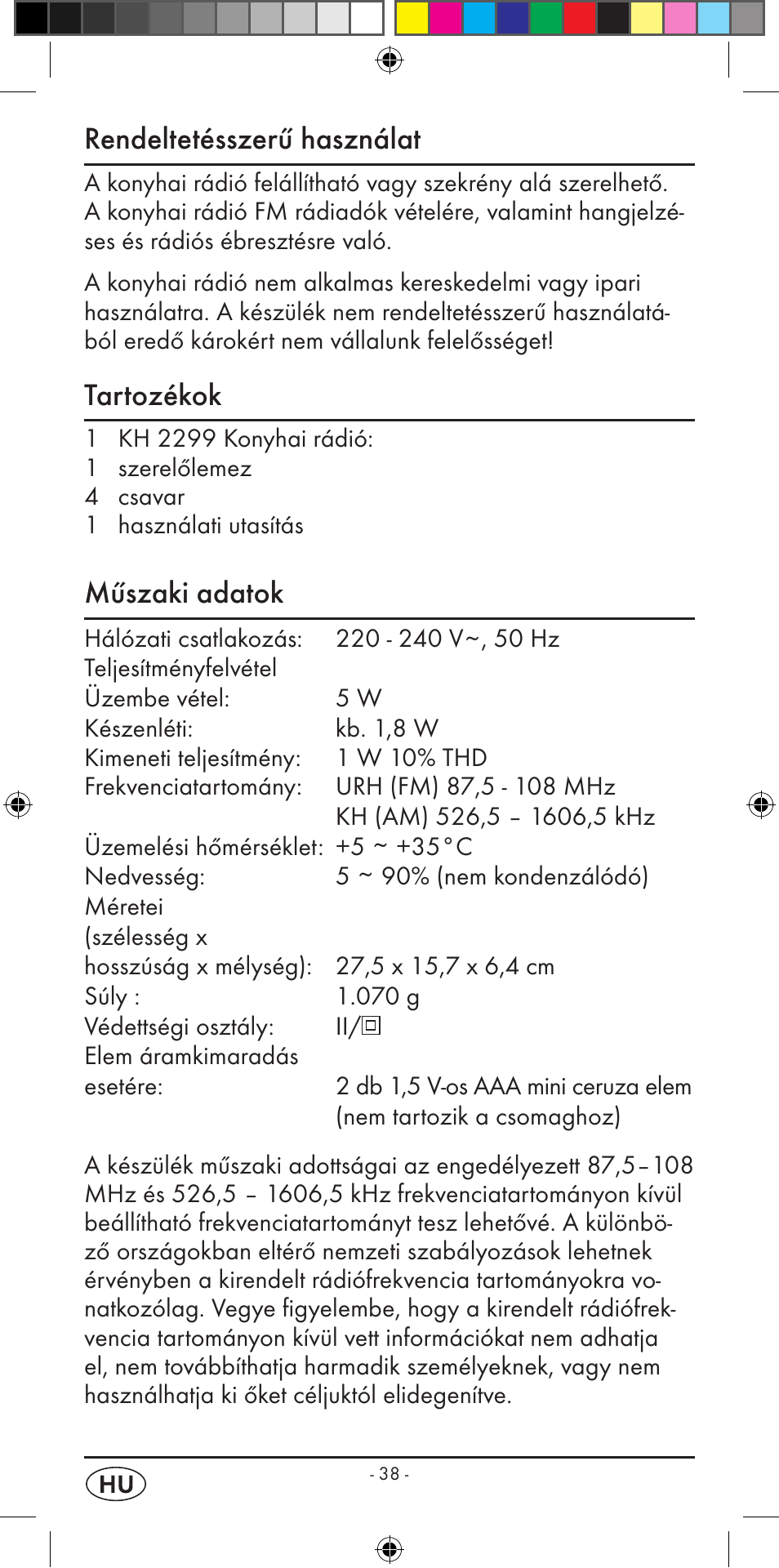 Rendeltetésszerű használat, Tartozékok, Műszaki adatok | Silvercrest KH 2299 User Manual | Page 40 / 146