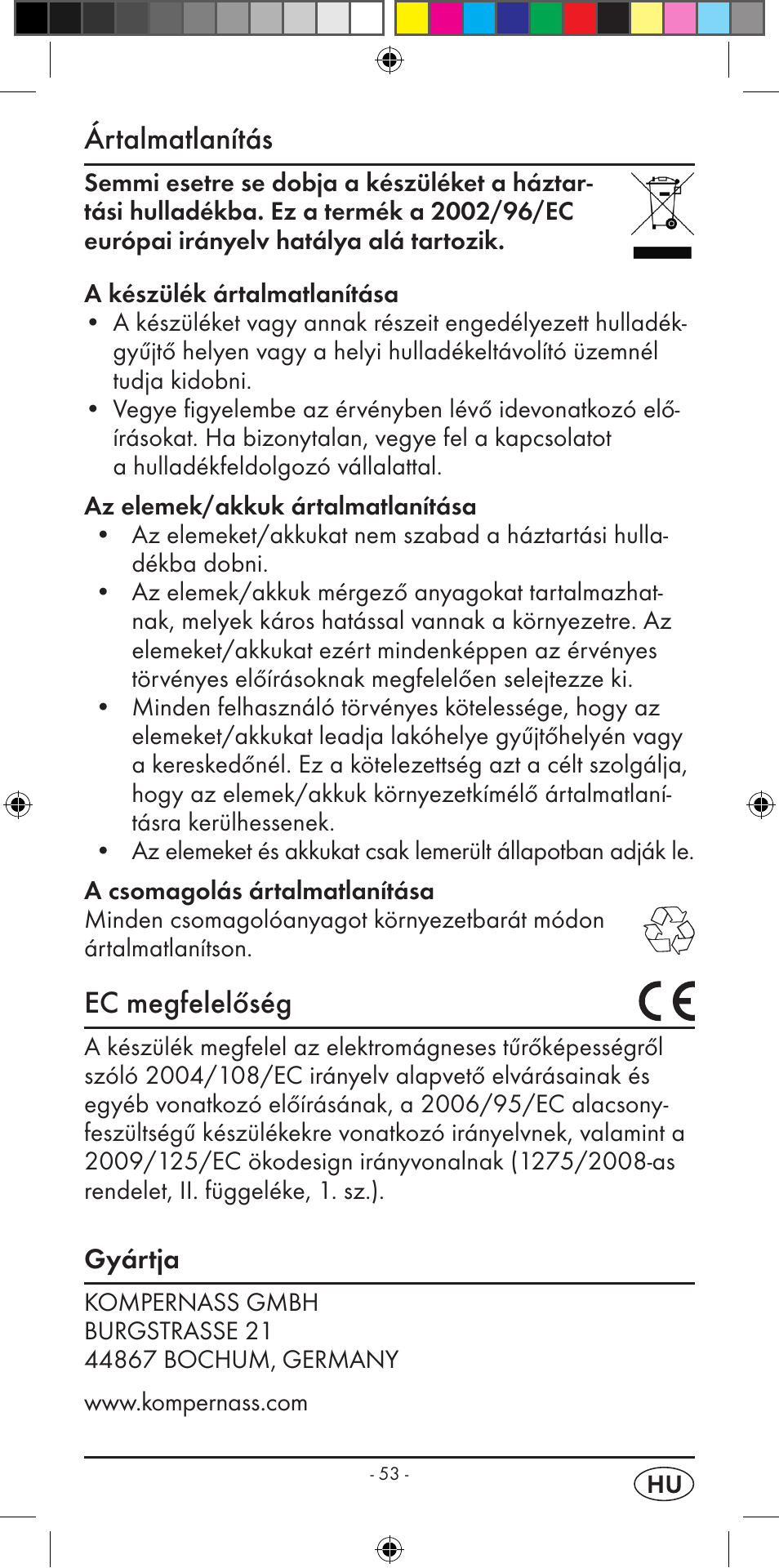 Ártalmatlanítás, Ec megfelelőség | Silvercrest KH 2299 User Manual | Page 55 / 146