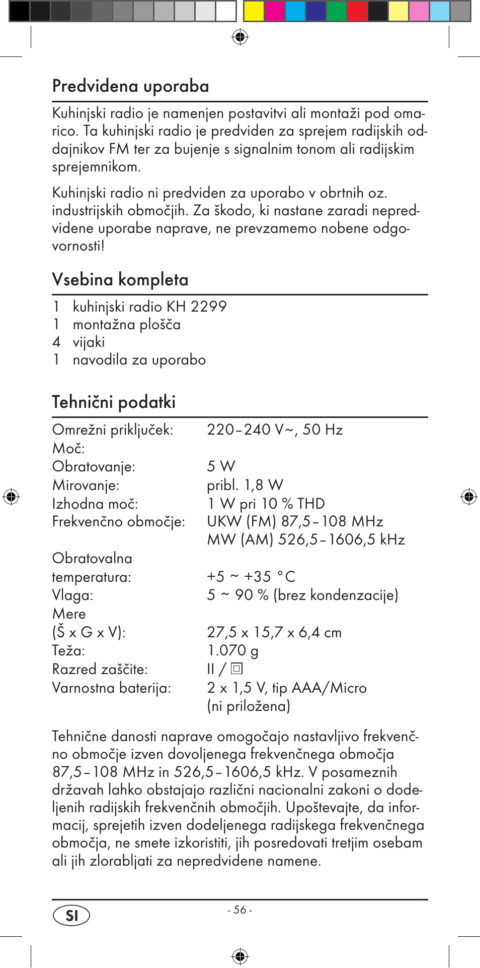 Predvidena uporaba, Vsebina kompleta, Tehnični podatki | Silvercrest KH 2299 User Manual | Page 58 / 146