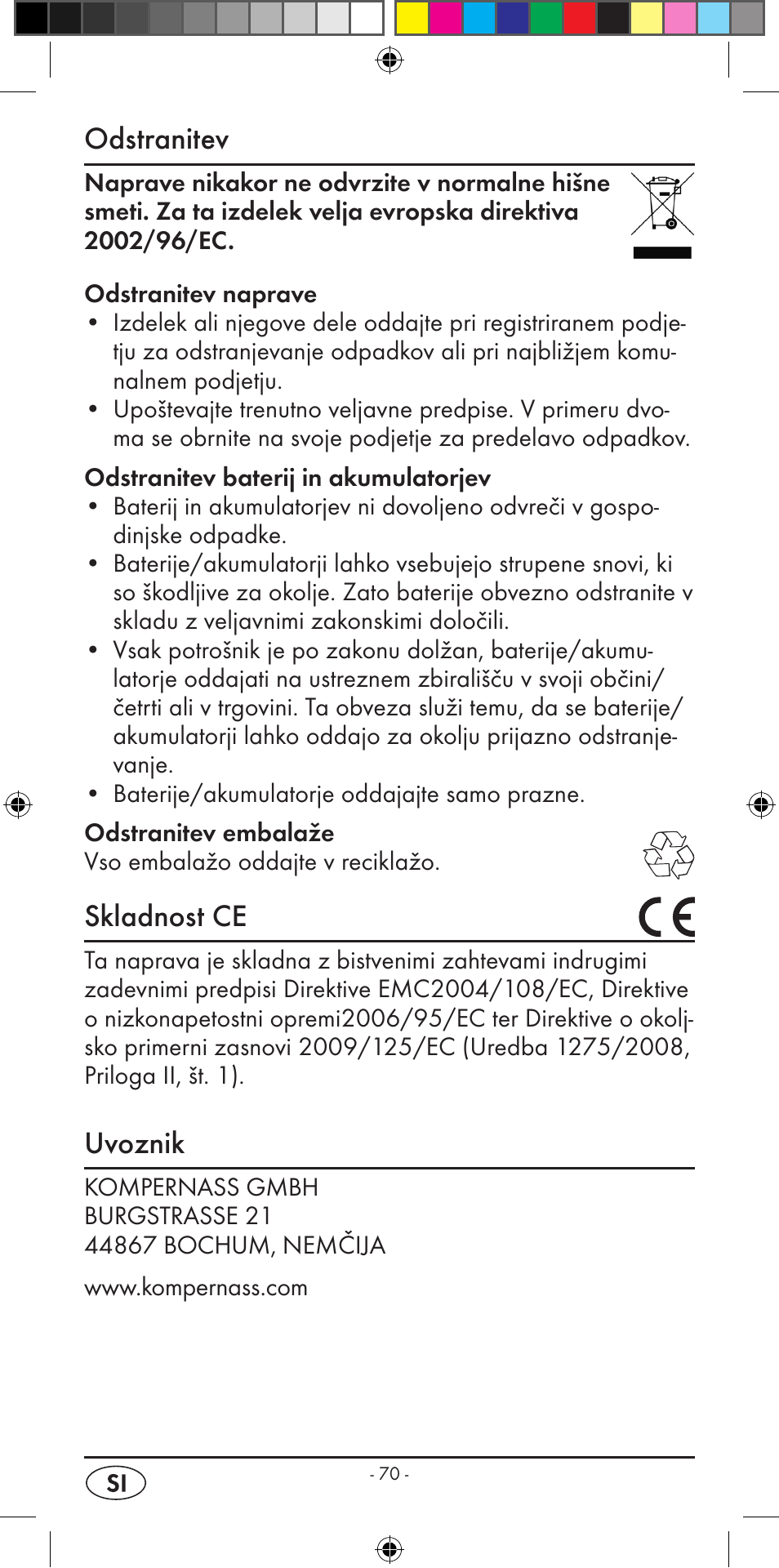 Odstranitev, Skladnost ce, Uvoznik | Silvercrest KH 2299 User Manual | Page 72 / 146