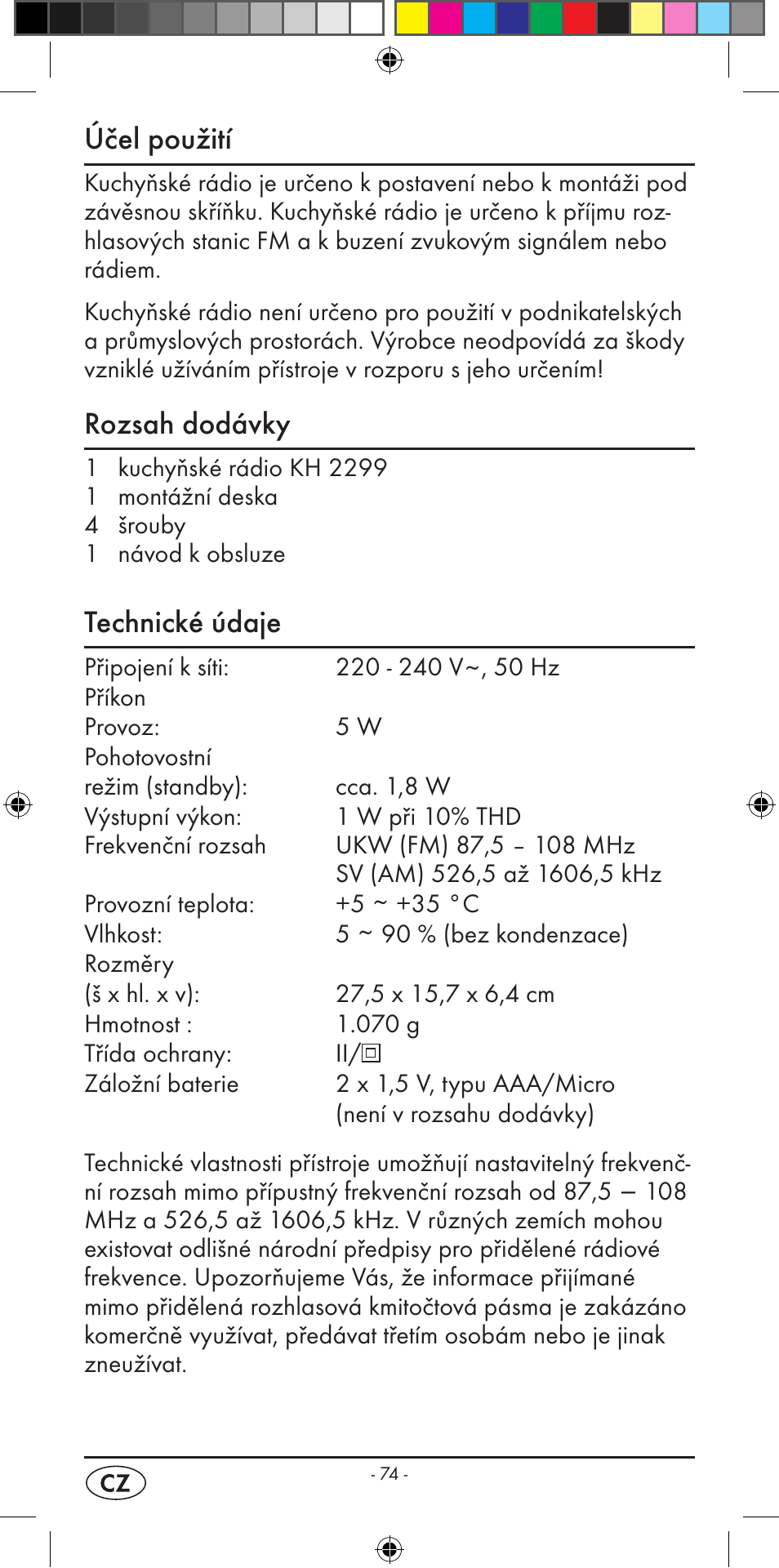 Účel použití, Rozsah dodávky, Technické údaje | Silvercrest KH 2299 User Manual | Page 76 / 146