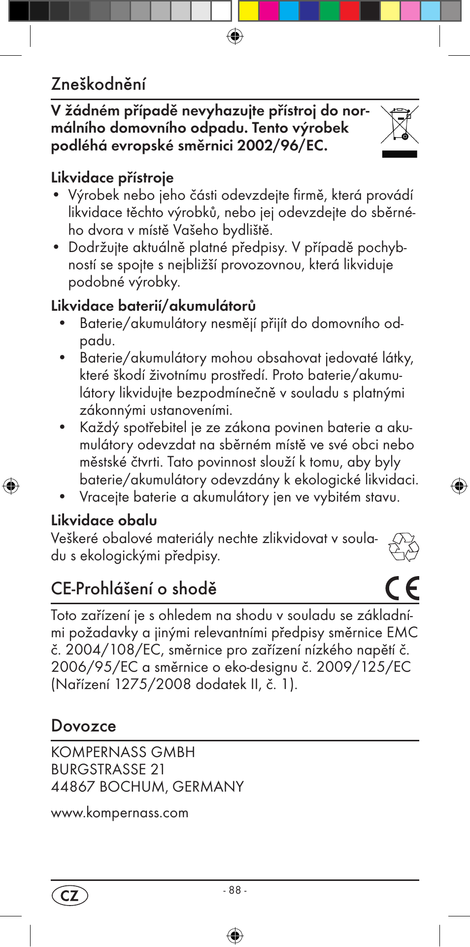 Zneškodnění, Ce-prohlášení o shodě, Dovozce | Silvercrest KH 2299 User Manual | Page 90 / 146