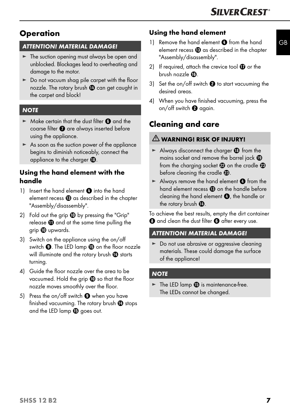 Operation, Cleaning and care | Silvercrest SHSS 12 B2 User Manual | Page 10 / 74