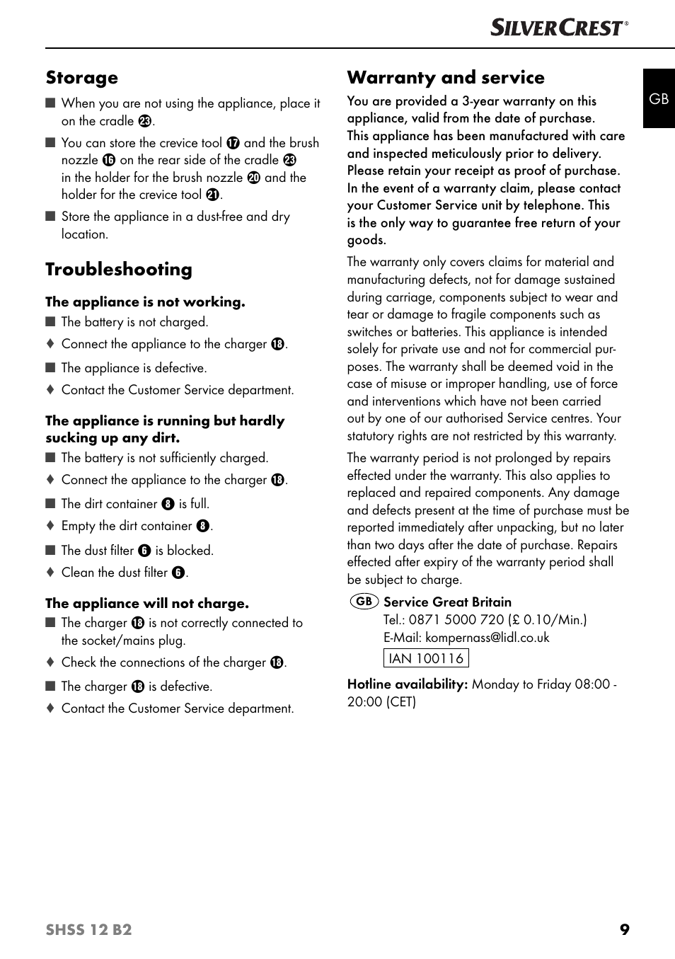 Storage, Troubleshooting, Warranty and service | Silvercrest SHSS 12 B2 User Manual | Page 12 / 74