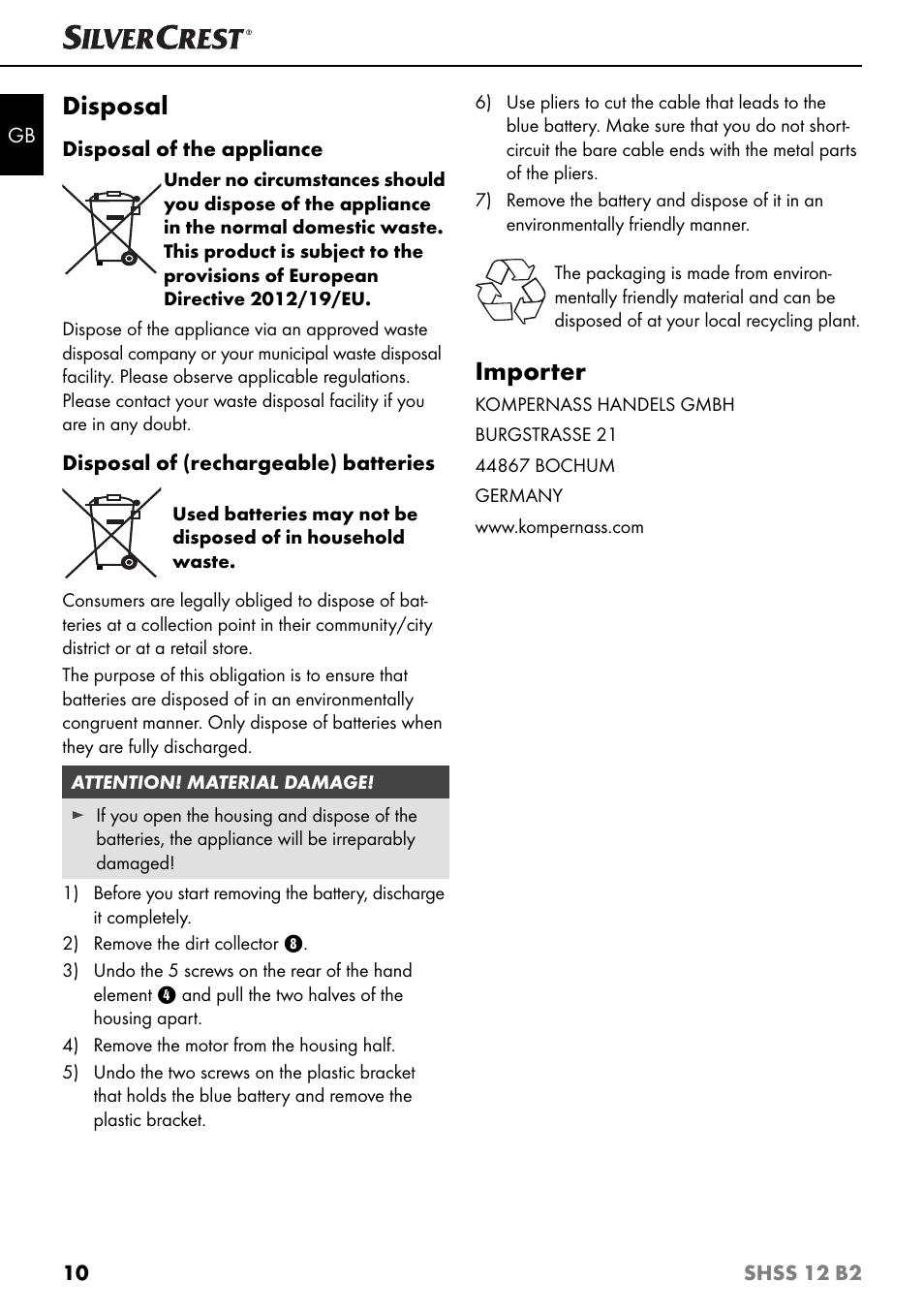 Disposal, Importer | Silvercrest SHSS 12 B2 User Manual | Page 13 / 74