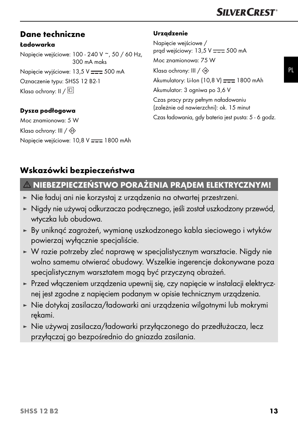 Dane techniczne | Silvercrest SHSS 12 B2 User Manual | Page 16 / 74