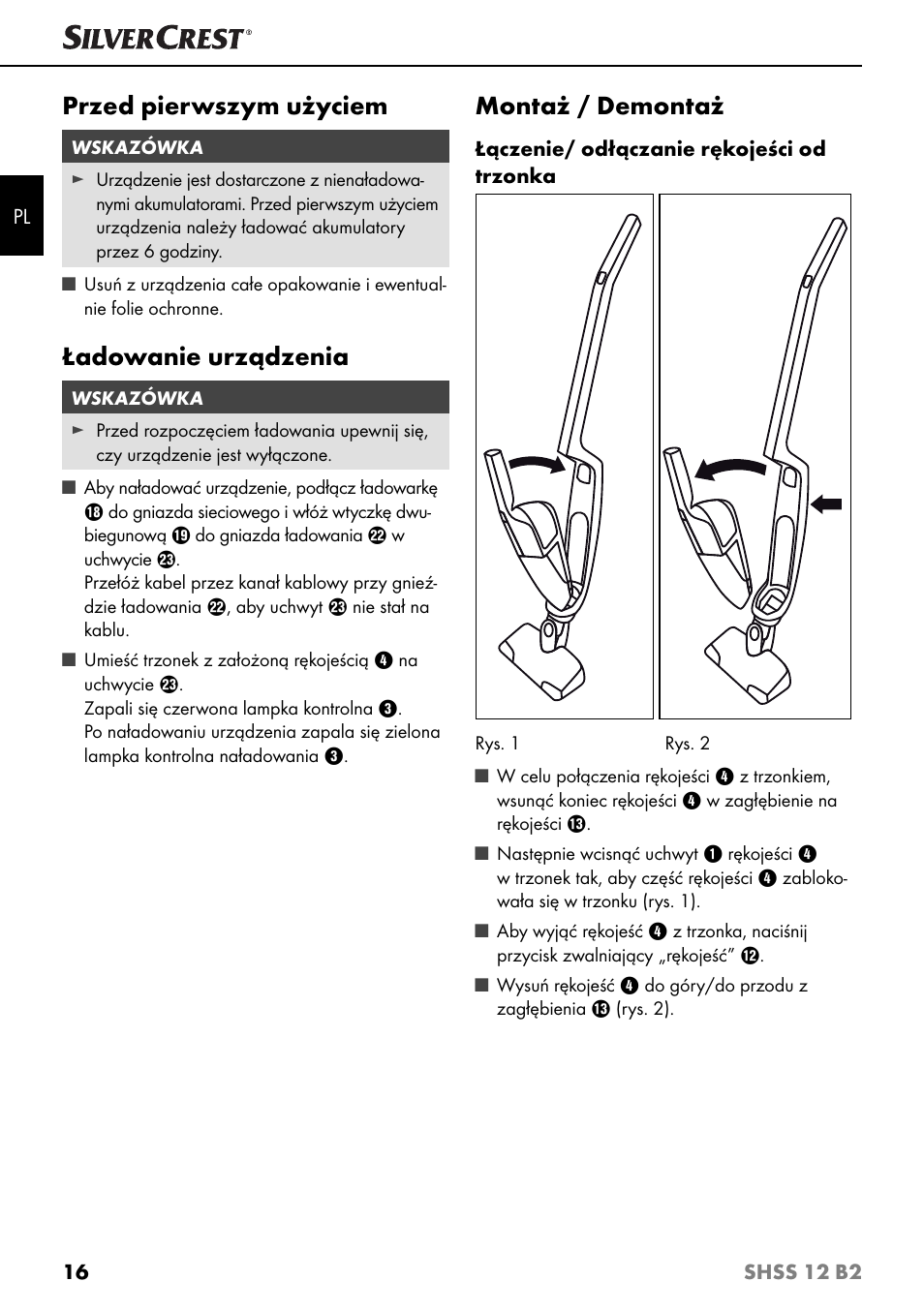 Przed pierwszym użyciem, Ładowanie urządzenia, Montaż / demontaż | Silvercrest SHSS 12 B2 User Manual | Page 19 / 74