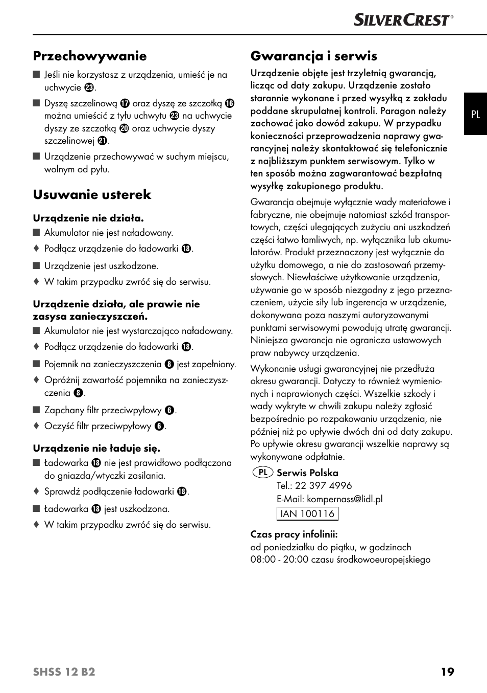 Przechowywanie, Usuwanie usterek, Gwarancja i serwis | Silvercrest SHSS 12 B2 User Manual | Page 22 / 74