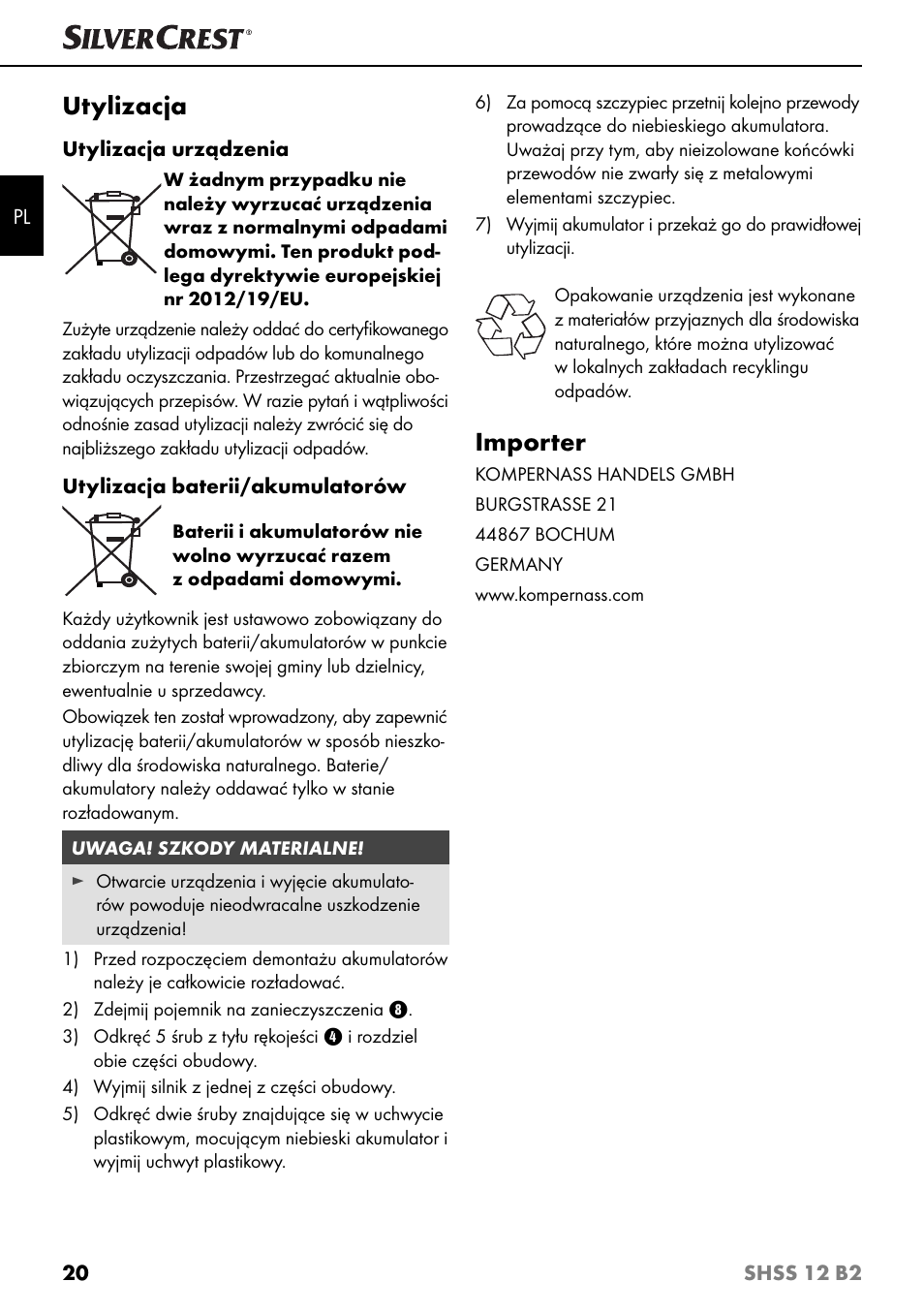 Utylizacja, Importer | Silvercrest SHSS 12 B2 User Manual | Page 23 / 74
