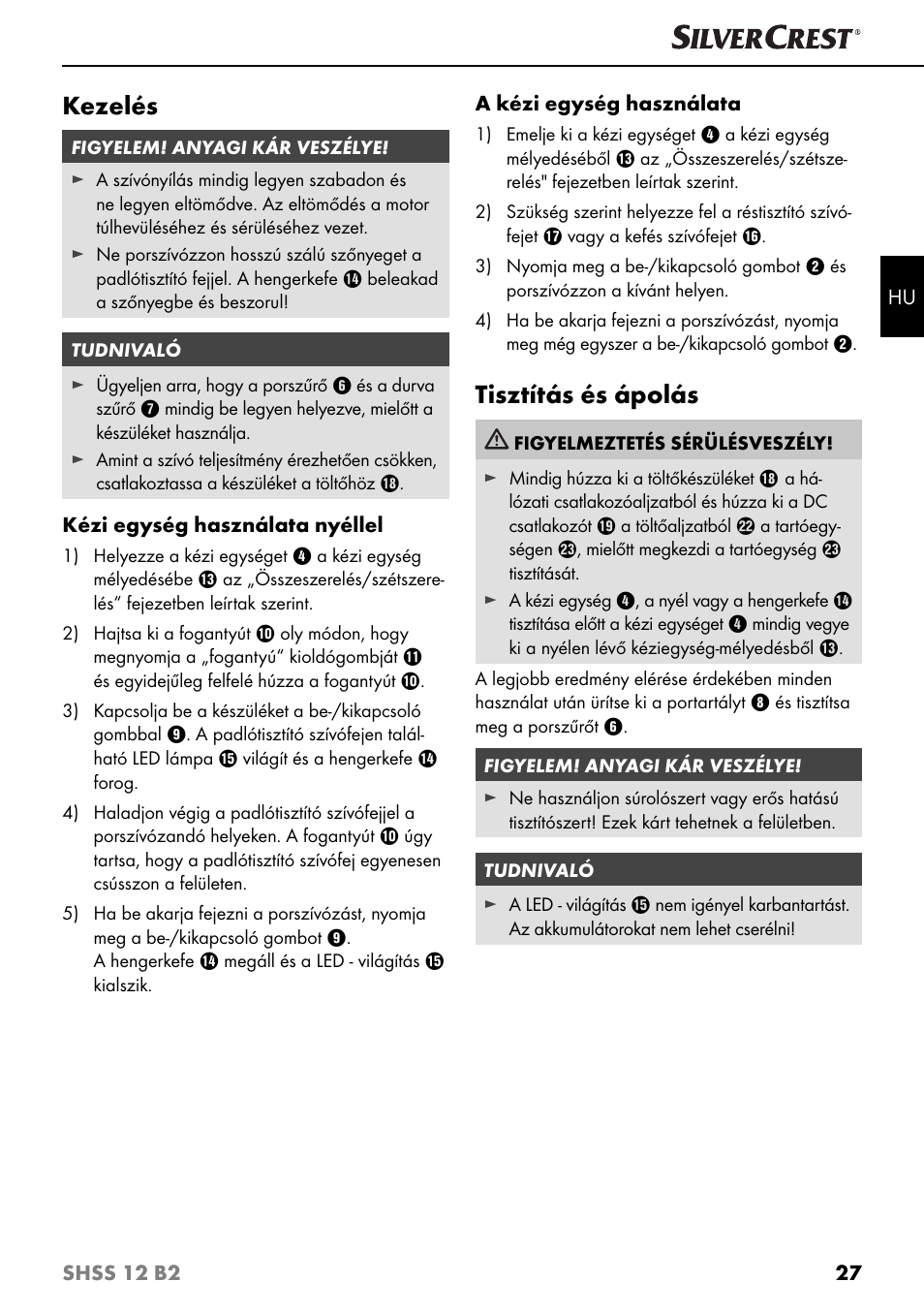 Kezelés, Tisztítás és ápolás | Silvercrest SHSS 12 B2 User Manual | Page 30 / 74