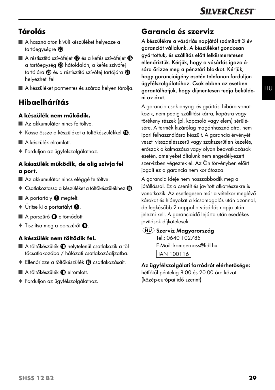 Tárolás, Hibaelhárítás, Garancia és szerviz | Silvercrest SHSS 12 B2 User Manual | Page 32 / 74