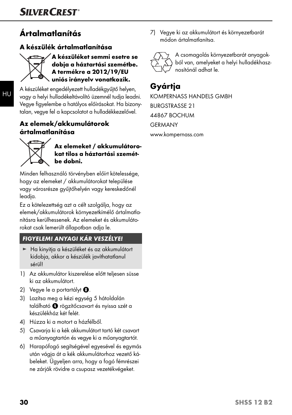 Ártalmatlanítás, Gyártja | Silvercrest SHSS 12 B2 User Manual | Page 33 / 74