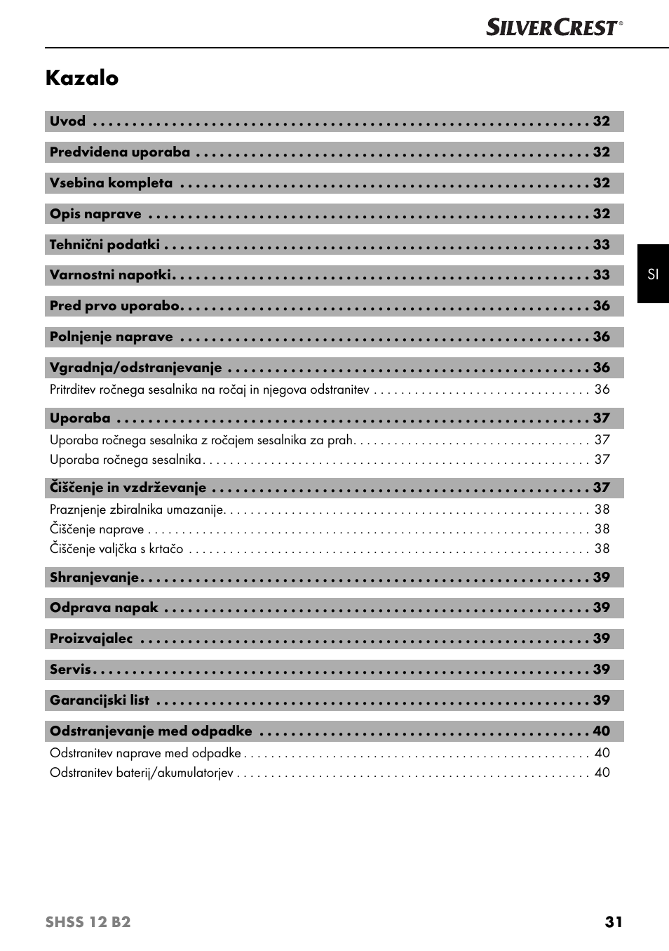 Kazalo | Silvercrest SHSS 12 B2 User Manual | Page 34 / 74