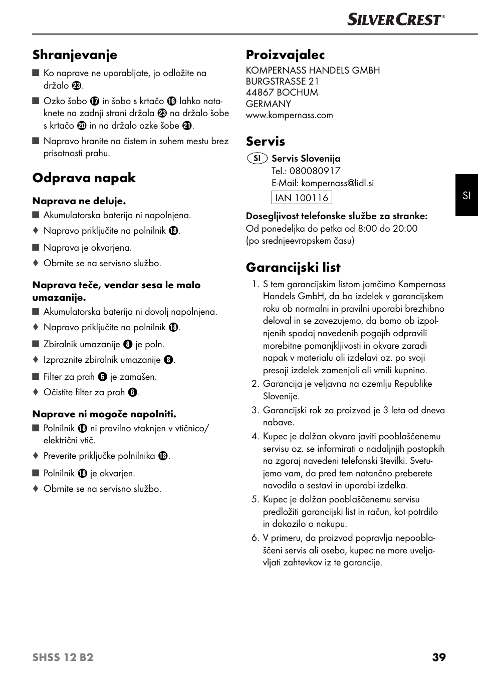 Shranjevanje, Odprava napak, Proizvajalec | Servis, Garancijski list | Silvercrest SHSS 12 B2 User Manual | Page 42 / 74