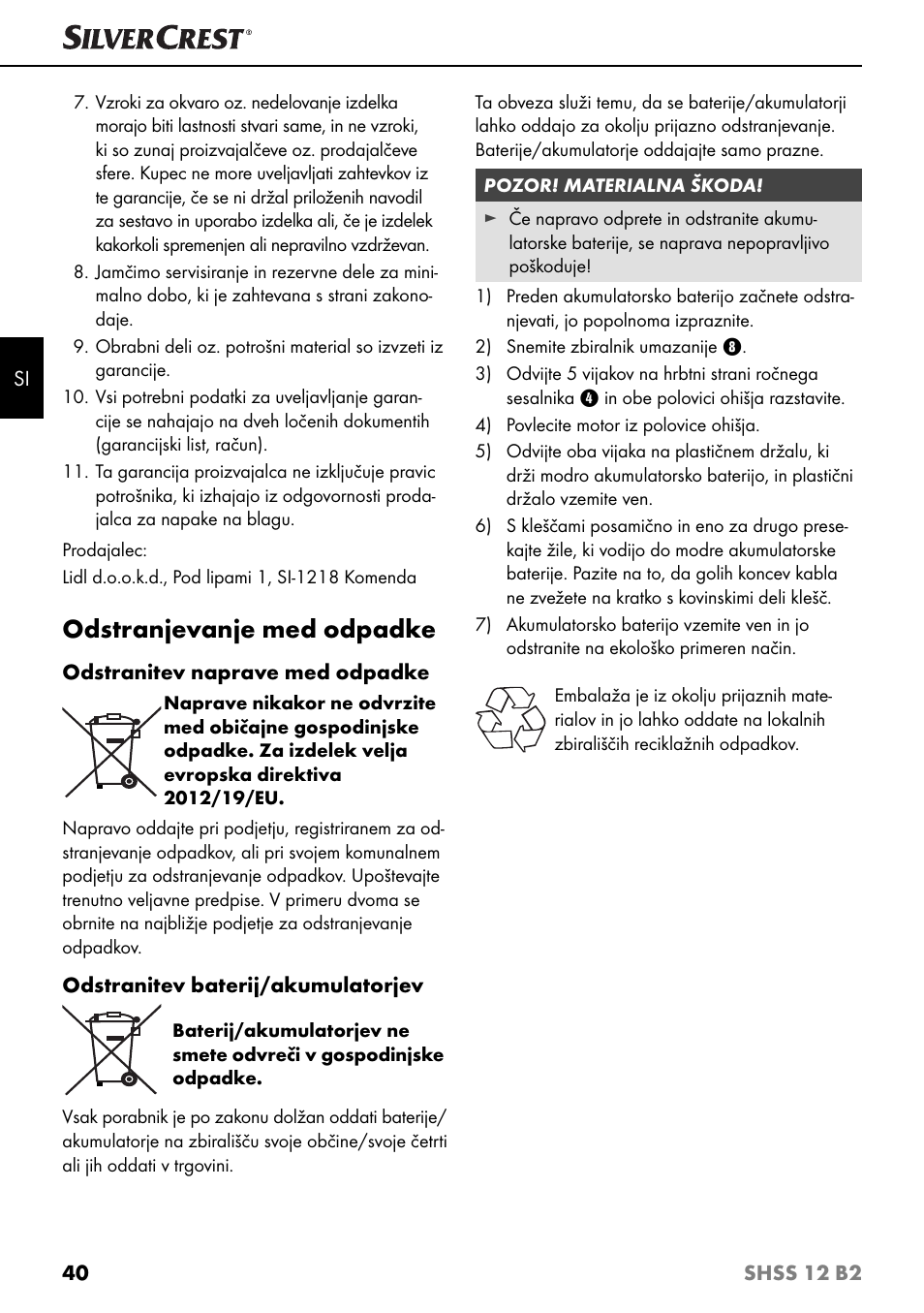 Odstranjevanje med odpadke | Silvercrest SHSS 12 B2 User Manual | Page 43 / 74