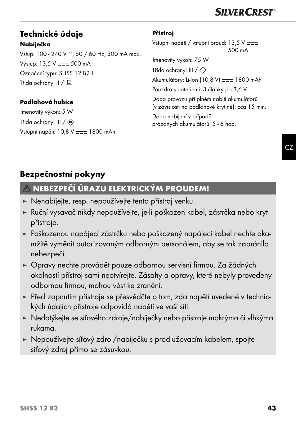 Technické údaje | Silvercrest SHSS 12 B2 User Manual | Page 46 / 74