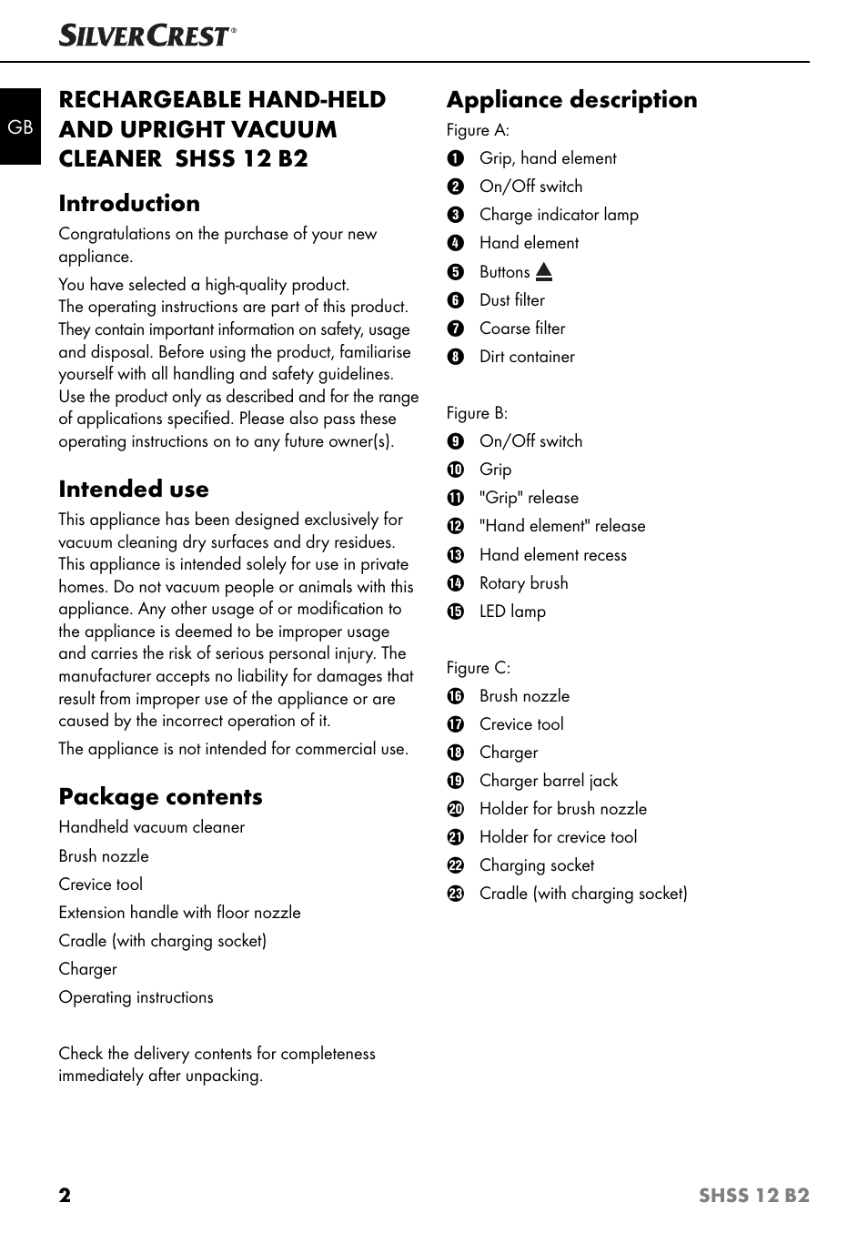 Intended use, Package contents, Appliance description | Silvercrest SHSS 12 B2 User Manual | Page 5 / 74