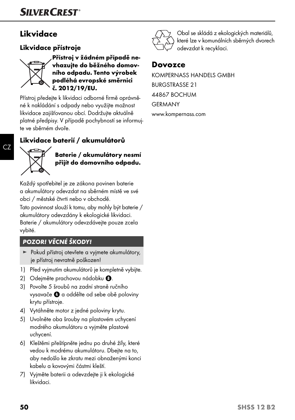 Likvidace, Dovozce | Silvercrest SHSS 12 B2 User Manual | Page 53 / 74