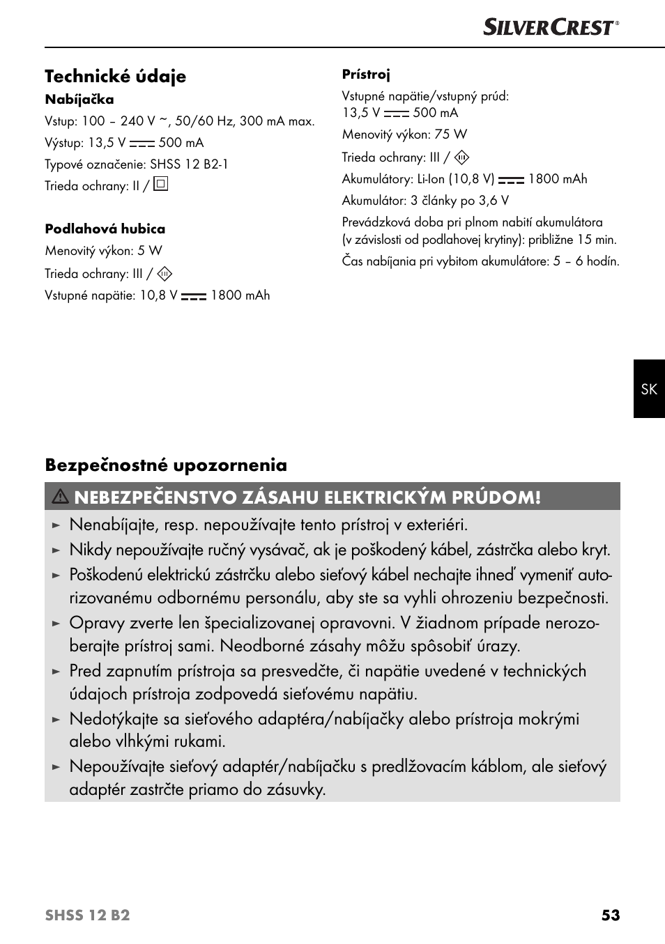 Technické údaje | Silvercrest SHSS 12 B2 User Manual | Page 56 / 74