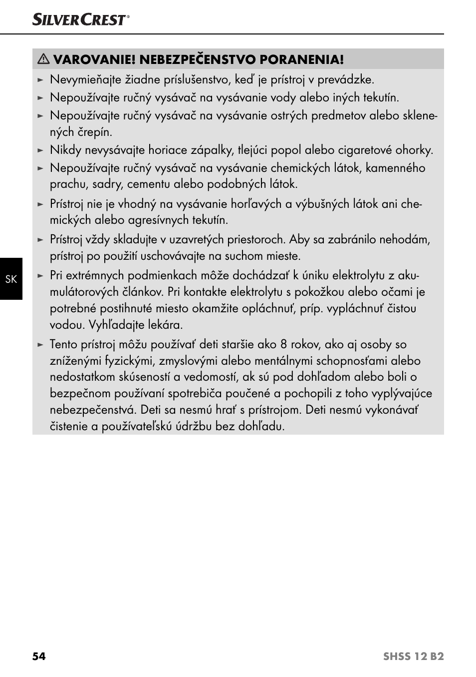 Varovanie! nebezpečenstvo poranenia | Silvercrest SHSS 12 B2 User Manual | Page 57 / 74