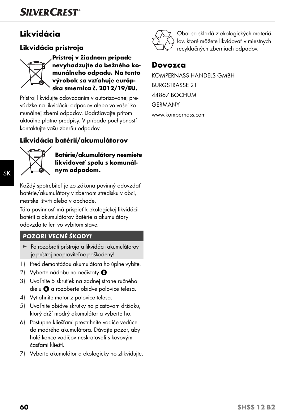 Likvidácia, Dovozca | Silvercrest SHSS 12 B2 User Manual | Page 63 / 74