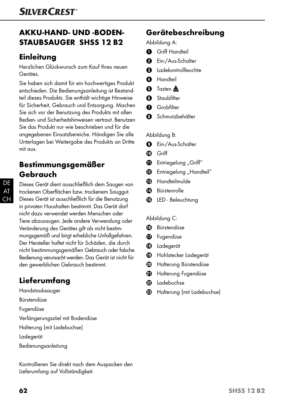Bestimmungsgemäßer gebrauch, Lieferumfang, Gerätebeschreibung | Silvercrest SHSS 12 B2 User Manual | Page 65 / 74
