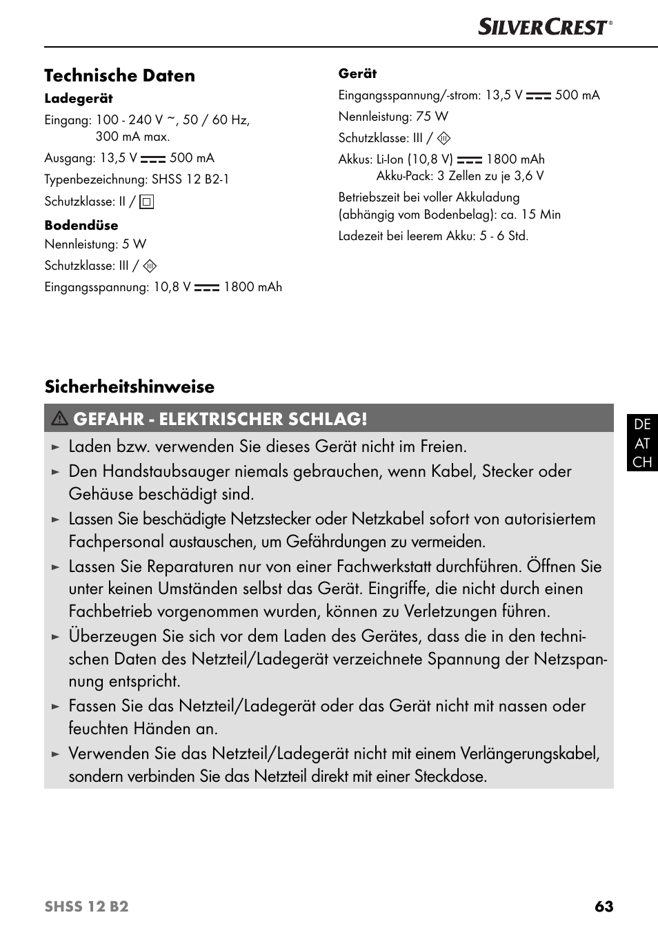 Technische daten, Sicherheitshinweise gefahr - elektrischer schlag | Silvercrest SHSS 12 B2 User Manual | Page 66 / 74