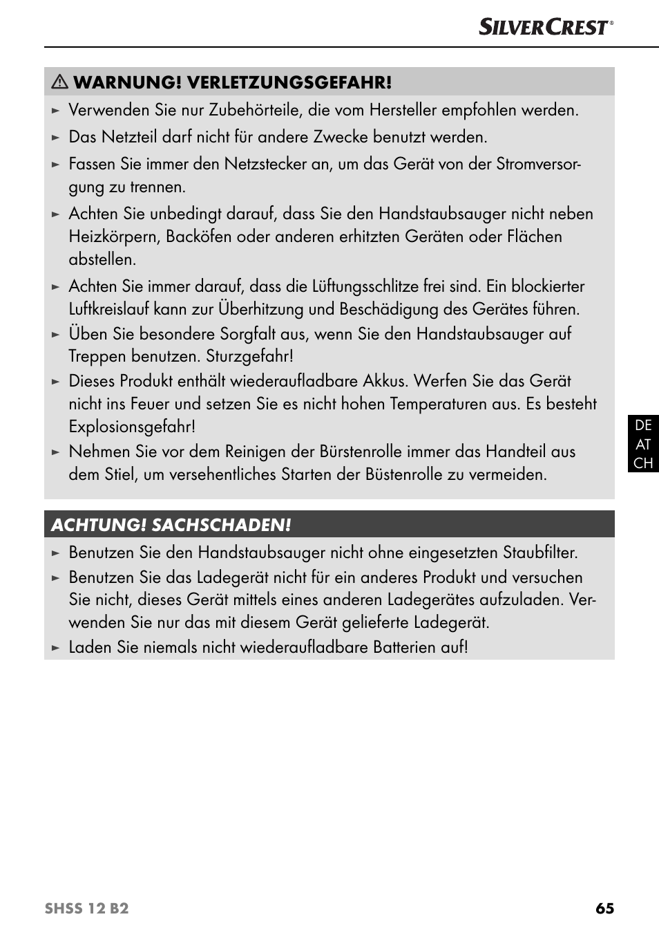 Warnung! verletzungsgefahr | Silvercrest SHSS 12 B2 User Manual | Page 68 / 74