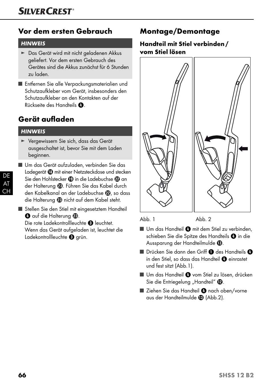 Vor dem ersten gebrauch, Gerät auﬂ aden, Montage/demontage | Silvercrest SHSS 12 B2 User Manual | Page 69 / 74