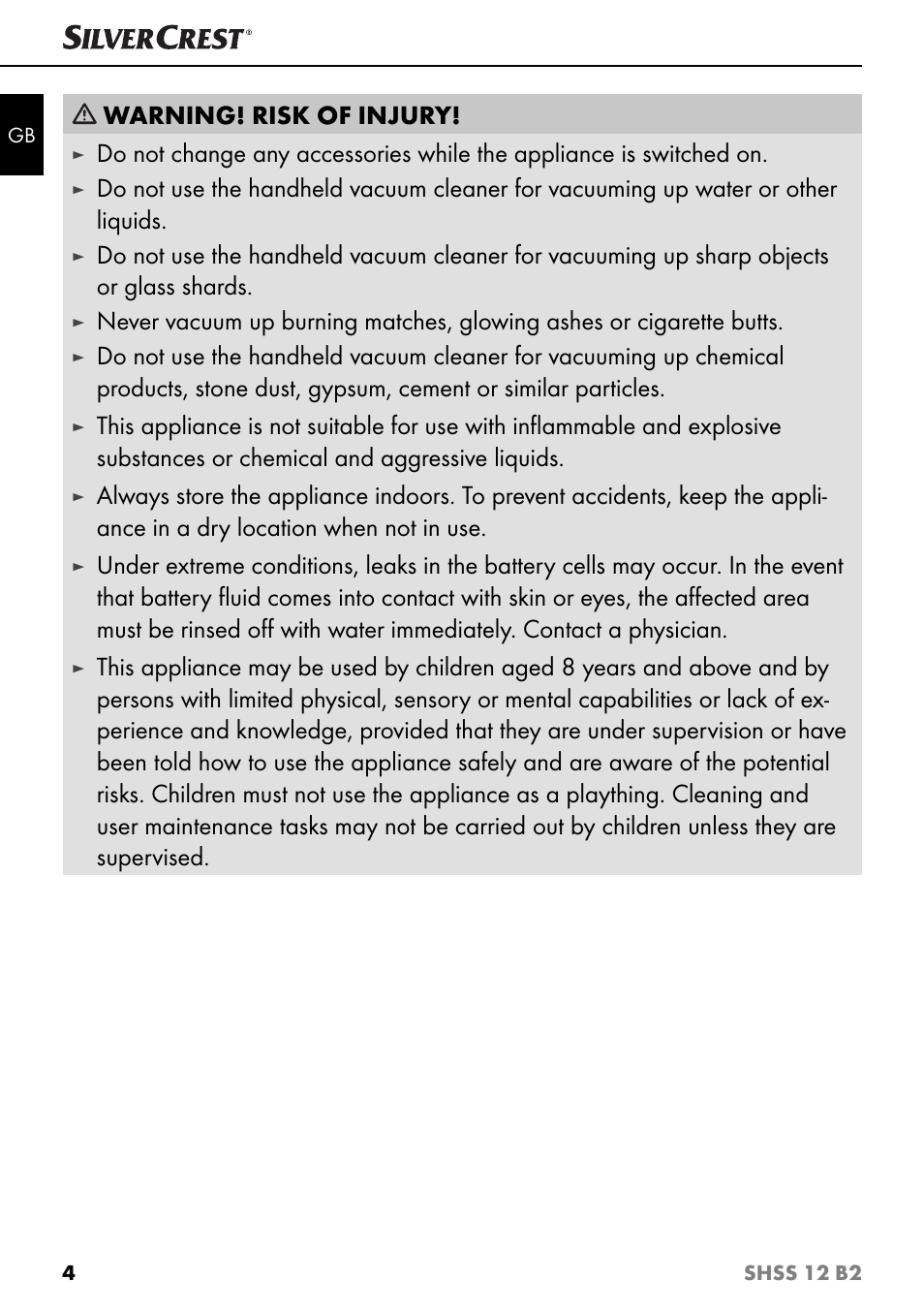 Warning! risk of injury | Silvercrest SHSS 12 B2 User Manual | Page 7 / 74