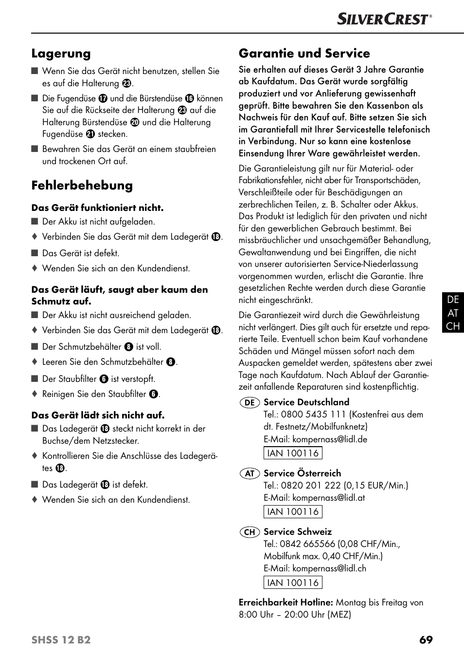 Lagerung, Fehlerbehebung, Garantie und service | Silvercrest SHSS 12 B2 User Manual | Page 72 / 74