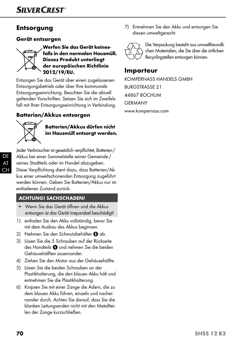 Entsorgung, Importeur | Silvercrest SHSS 12 B2 User Manual | Page 73 / 74