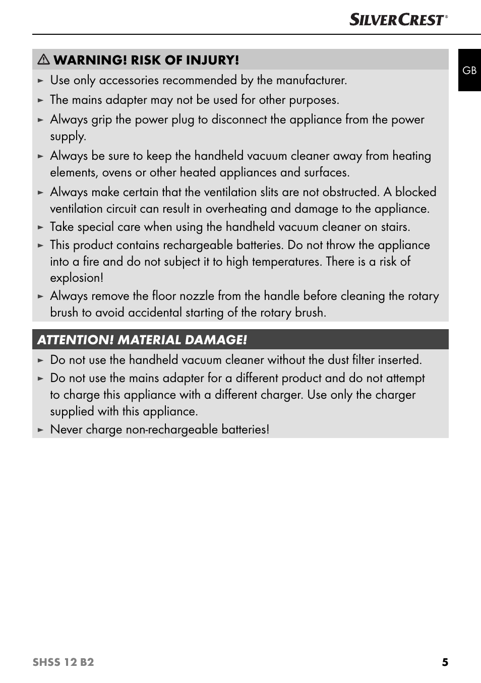 Warning! risk of injury, Never charge non-rechargeable batteries | Silvercrest SHSS 12 B2 User Manual | Page 8 / 74