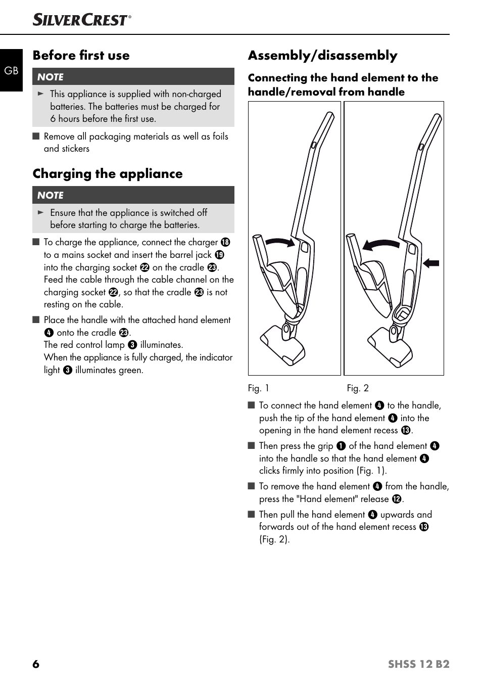 Before ﬁ rst use, Charging the appliance, Assembly/disassembly | Silvercrest SHSS 12 B2 User Manual | Page 9 / 74