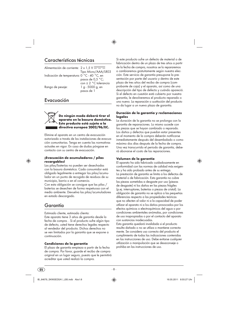 Características técnicas, Evacuación, Garantía | Silvercrest SKW 3 EDS A1 User Manual | Page 10 / 42